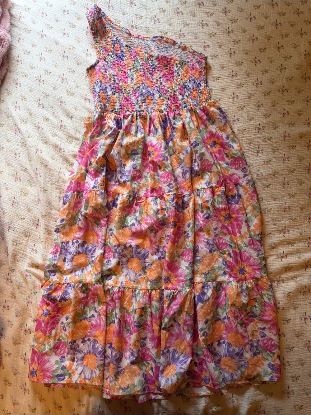 Women’s One-Shoulder Floral Tiered Dress in Pink, Orange & Purple